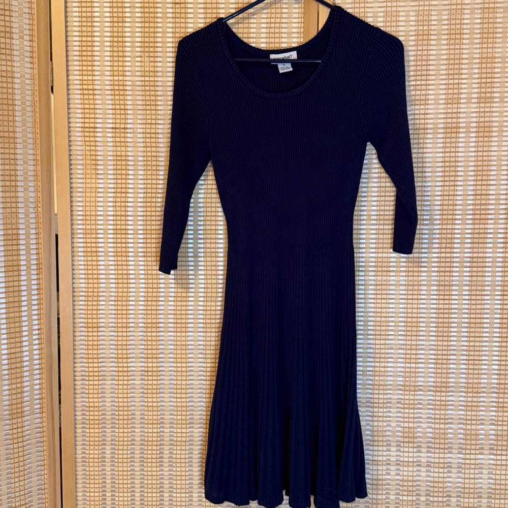 Say What? Navy Blue Ribbed Knit Fit and Flare Dress 3/4 Sleeve XL Bodycon Boho